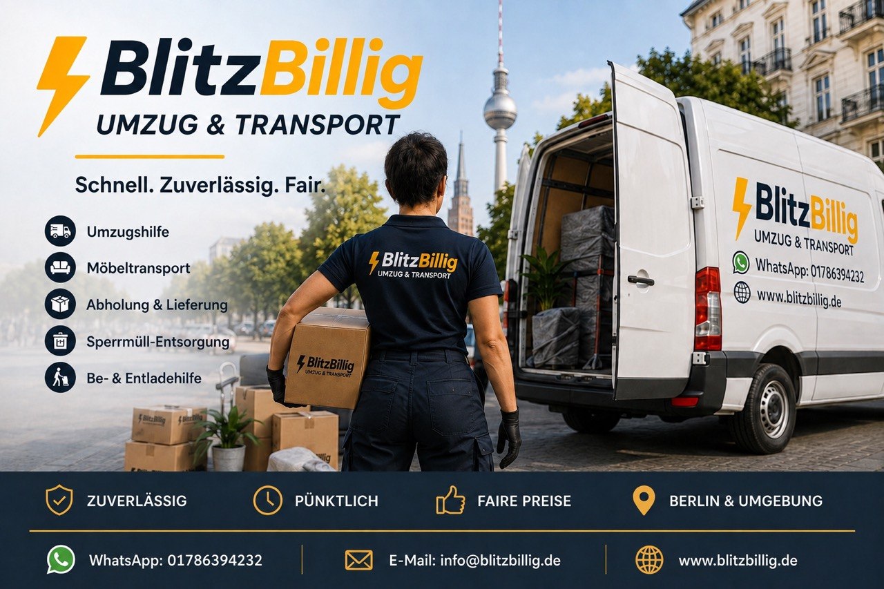 BlitzBillig Umzug & Transport: Mitarbeiterin trägt Umzugskarton zum beladenen Transporter vor dem Berliner Fernsehturm